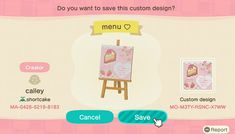 an animal crossing game menu with the words, do you want to save this custom design?