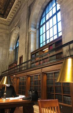 the interior of a large library with many bookshelves and lamps on it's tables