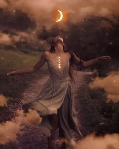 a woman in a dress is standing on a path with her arms outstretched and the moon above her head