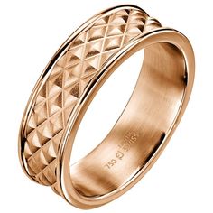 a rose gold wedding ring with an intricate design on the outside and inside, set against a white background