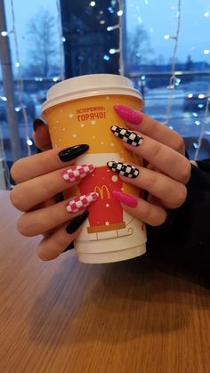 Edgy Nails Aesthetic, Edgy Acrylics, Racer Nails, Checkered Acrylic Nails, Simple Edgy Nails, Edgy Nails Grunge, Edgy Nail Ideas, Checkered Nail Art, Cute Nails Black