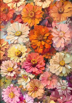 an abstract painting of many different colored flowers