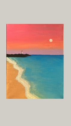 an oil painting of a beach at sunset with the moon in the sky above it