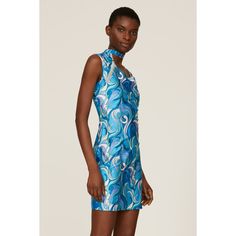 Blue printed polyamide blend (80% Polyamide, 20% Elastane). Sheath. Asymmetric neck. Sleeveless. Front zipper closure. 35.5" from shoulder to hemline. Imported. Sleeveless Printed Fitted Mini Dress, Blue Fitted Mini Dress With Side Zipper, Fitted Blue Dress With Side Zipper, Blue Dresses With Side Zipper, Blue Asymmetrical Stretch Mini Dress, Asymmetrical Fitted Printed Dresses, Elegant Sleeveless Printed Mini Dress, Blue Mini Dress With Asymmetrical Neckline, Blue One-shoulder Sleeveless Dress For Summer