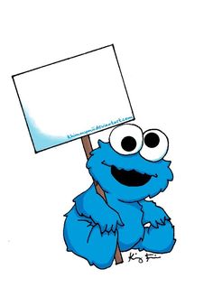 a blue cartoon character holding a sign with one eye on it's head and two hands in the other hand