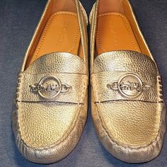 Nwot Brand New Never Worn Champagne Loafers Casual Coach Slip-on Flats, Elegant Coach Flats With Round Toe, Casual Coach Loafers, Coach Casual Loafers, Casual Coach Loafers With Flat Heel, Coach Casual Loafers With Flat Heel, Casual Coach Loafers For Spring, Casual Gold Slip-on Flats, Casual Coach Loafers With Round Toe