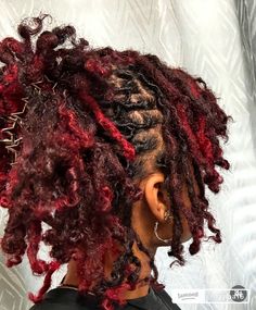 Red Ombre Locs Black Women, Black And Burgundy Locs, Cute Loc Colors, Different Color Locs Black Women, Red Locs Black Women Dark Skin, Hair Color Ideas For Dreads, Loc Hair Dye Ideas, Black Hair Dyed Red, Hickory Locs