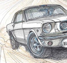 a drawing of an old muscle car on the road