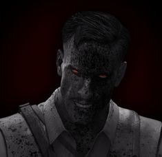 a man with blood on his face and neck, standing in front of a dark background