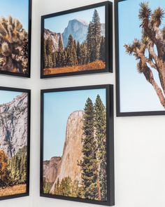 Gallery wall with posters from the Yosemite & Joshua Tree Collections featuring mountain  and desert landscapes.