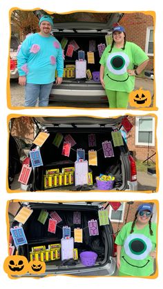 two people standing in the trunk of a car with halloween decorations on it and an evil eye