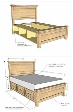 the plans for a bed frame with drawers are shown in three different positions, including two