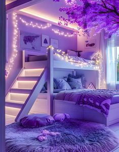 a purple bedroom with stairs and lights on the ceiling is decorated in lavender hues