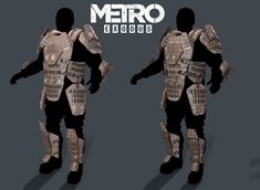 two different views of a man in armor with the words metro exo on it