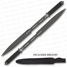 two knifes with black handles are shown in the image, one has a skull on it