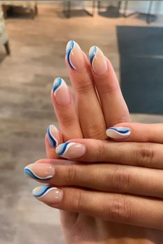 Acrylic Nails Almond Shape, Blue And White Nails, White Nail, Trendy Nail Art, Classy Nails, Short Acrylic Nails, Nail Arts