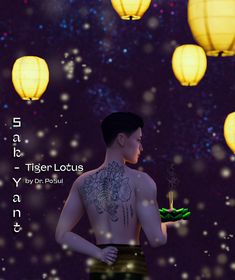 a man with tattoos standing in front of lanterns