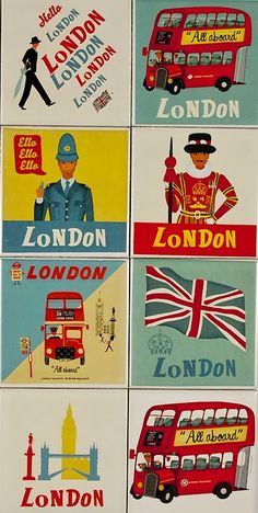 the london bus is depicted in many different colors