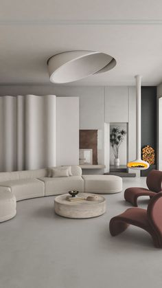 a modern living room with white and pink furniture in it's centerpieces