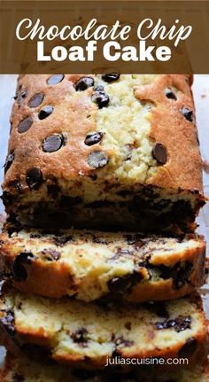 chocolate chip loaf cake is stacked on top of each other with the words chocolate chip loaf cake