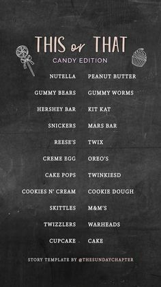 the menu for this is that candy bar