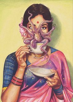 a painting of a woman with an octopus mask on her face eating out of a bowl