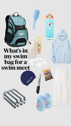 an image of what's in my swim bag for a swim meet with items