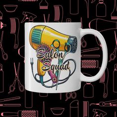 a coffee mug with scissors and hair dryers on it