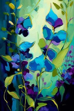 an abstract painting of blue flowers and green leaves