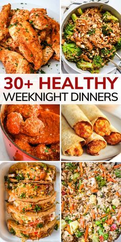 the cover of 30 healthy weeknight dinneres with pictures of different foods and vegetables