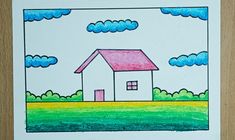 a drawing of a house in the middle of a field with trees and clouds above it