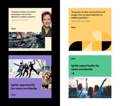 four different brochures with images and captions on them, including one showing people jumping in the air