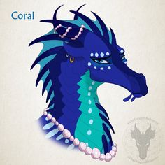 a blue dragon with pearls on it's head and the words coral written below