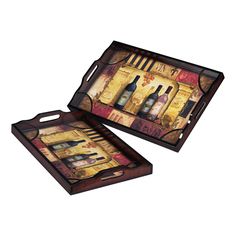 two serving trays with wine bottles on them