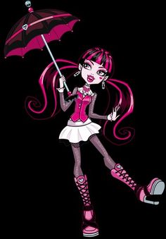 a cartoon girl with pink hair holding an umbrella in her hand and wearing knee high boots