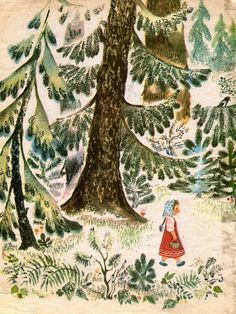 a painting of a woman walking in the woods next to a large pine tree with bears on it