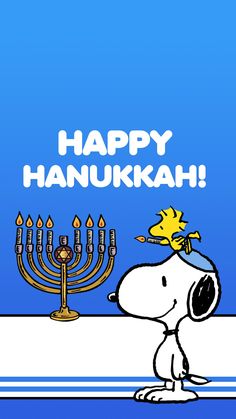 a cartoon character with a menorah in front of him and the words happy hanukkah