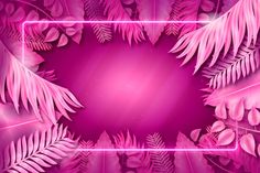 pink neon frame with tropical leaves and plants on the bottom, in front of a purple background