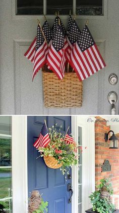 the front door is decorated with american flags and potted plants in baskets on it