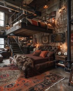 an industrial loft bedroom with exposed brick walls