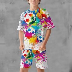 Season:Summer,Spring; Fabric:Polyester; Sleeve Length:Short Sleeve; Look After Me:Machine wash; Gender:Boys; Quantity:2 Pieces; Style:Daily,Fashion,Sports,Comfort,Casual,Active; Occasion:Outdoor,Street,Vacation; Kids Apparel:T-shirtSet,T-shirt  Shorts,Clothing Set; Age Group:Kids; Fit Type:Regular Fit; Pattern:Football,Graphic; Design:Crewneck,Print; Age:3-13 Years; Listing Date:05/19/2023; Bust:; Length [Bottom]:; Length [Top]:; Sleeve:; Waist:; Print Type:3D prints White Sportswear T-shirt For Summer, White Summer Sportswear T-shirt, Sporty Summer Tops With Cartoon Print, Summer Sporty T-shirt With Character Print, Summer Multicolor Character Print T-shirt, Multicolor Sports T-shirt For Summer, Sporty Multicolor Short Sleeve T-shirt, Multicolor Summer Sports T-shirt, Playful All Over Print T-shirt For Summer