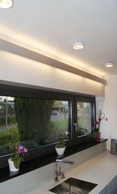 a kitchen with a sink, window and potted plants