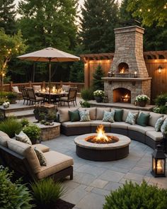 a fire pit surrounded by seating and lights