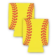 two yellow softball sleeves with red stitches on them