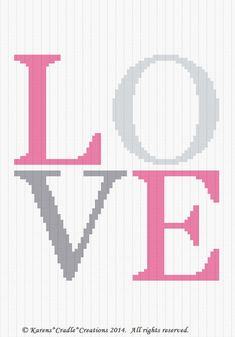 a cross stitch pattern with the word love in grey and pink on white paper background