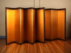 This is a vintage Japanese pair of 6 panels folding screen called Kin Byobu, gold leaf screen from Taisho period (1910's-1920's). Gold leaf on paper with paper hinges, textile border and wooden molding. Byobu is very practical, separate interiors and enclose private spaces, also decorative uses. There are some wear on the byobu, but no damages.  This set is in a great condition and will be perfect for tea ceremony, festival, concert or any special occasion. 24 1/2"W x 69"H each panel Byobu Japanese Screen, Japanese Vintage Interior, Japanese Screen Divider, Textile Border, Taisho Period, Japanese Screen, Festival Concert, Room Screen, Folding Screen