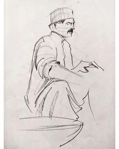 a black and white drawing of a man sitting down