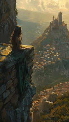 a woman sitting on top of a cliff overlooking a city