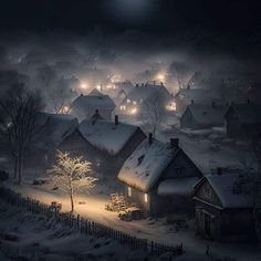 a snowy village at night with the moon in the sky and lights shining on it