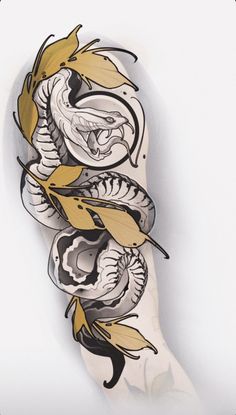 a drawing of a snake on top of a skateboard with yellow and black designs